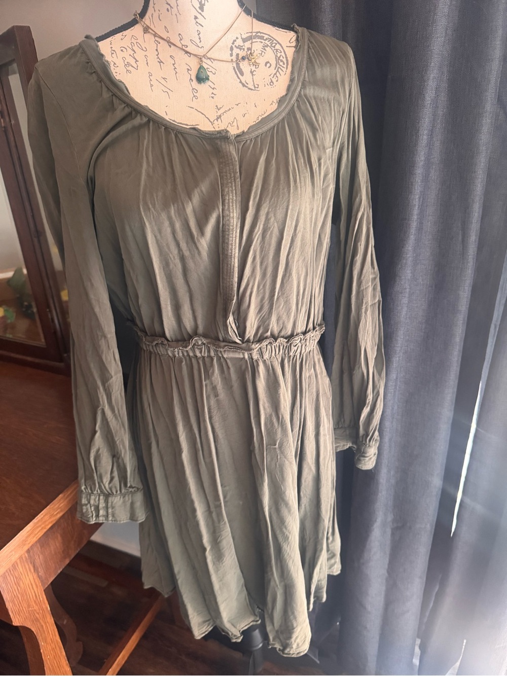 HOLDING HORSES Olive Green Long Sleeve Gathered Waist Dress